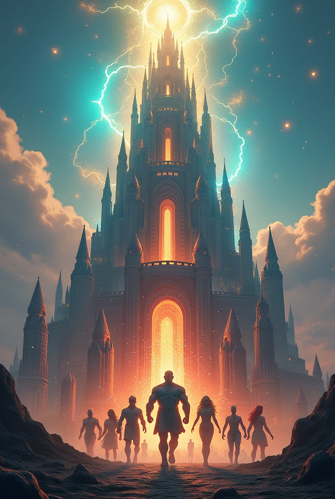 A kingdom with a central tower and surrounding superheroes made of different elements of the periodic table