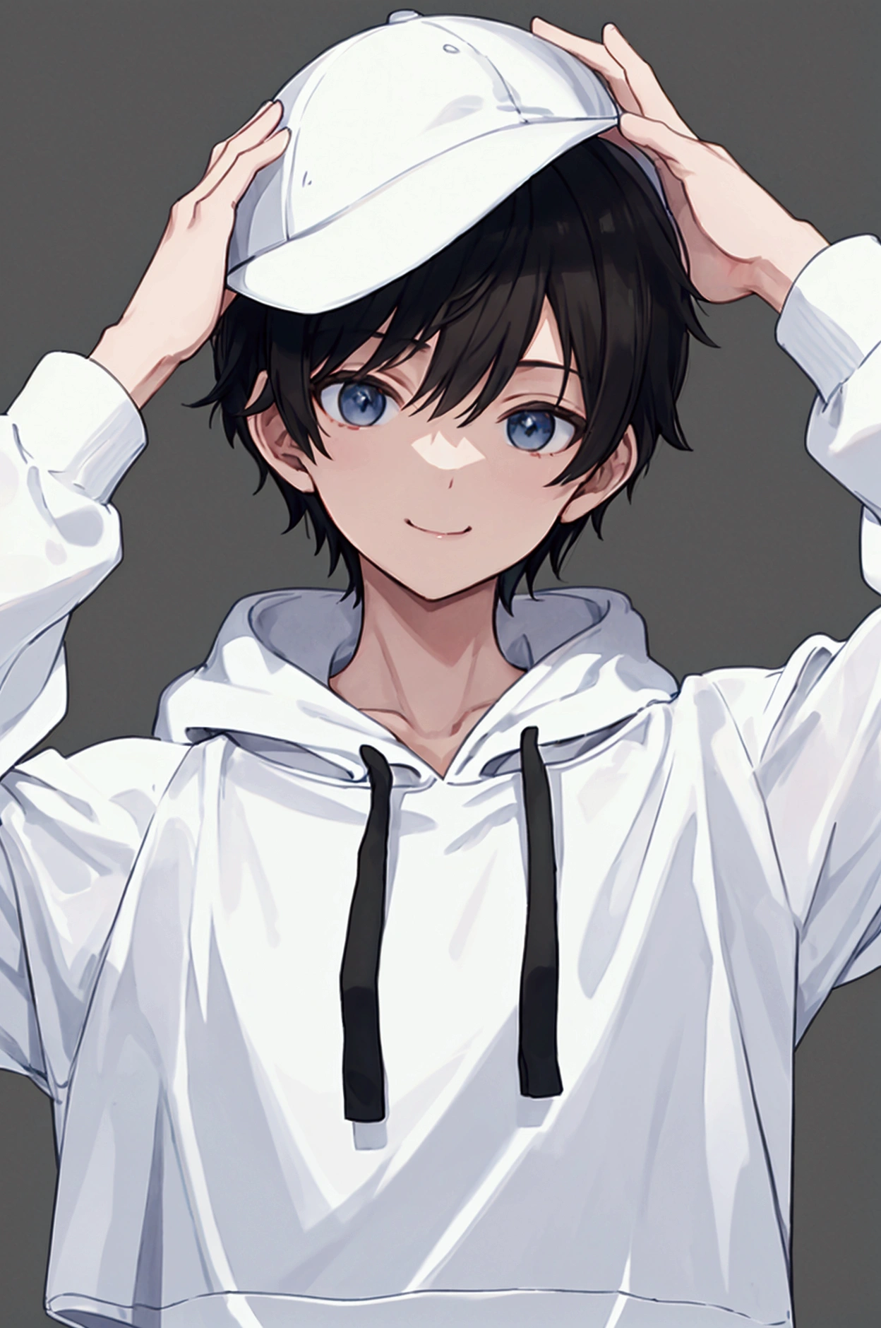 Photograph only the upper body, Black short hair,Focus on his upper body.. He was wearing a white hoodie, White Hat,, Happy look