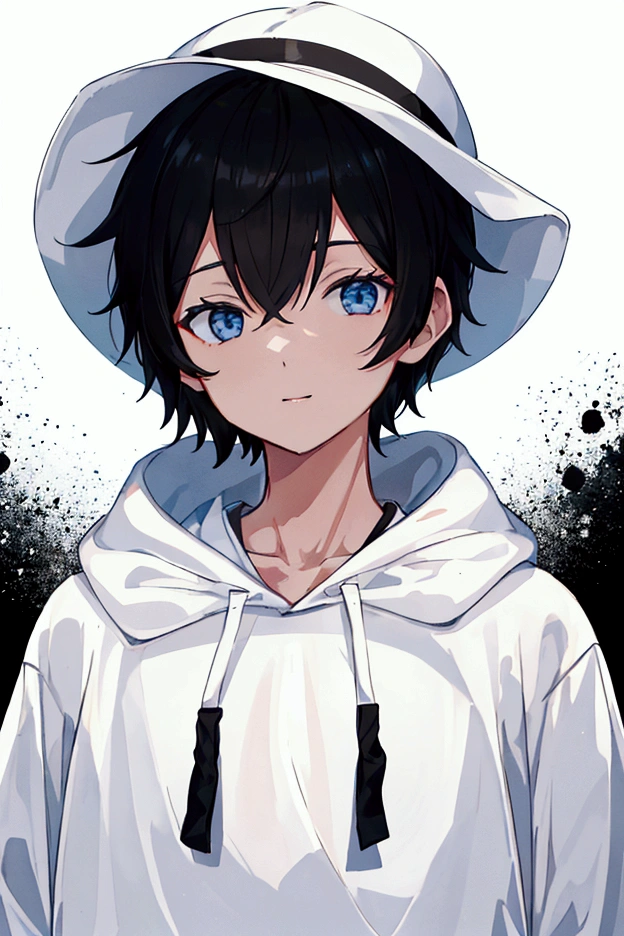 Photograph only the upper body, Black short hair,Focus on his upper body.. He was wearing a white hoodie, White Hat,, Happy look