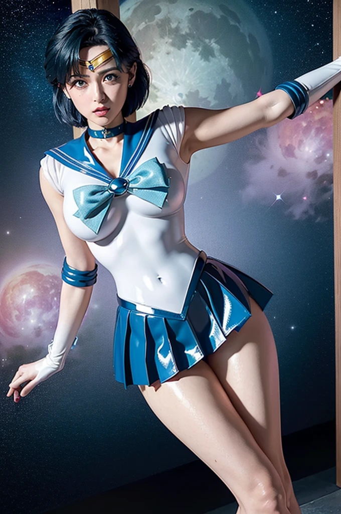 masterpiece, Highest quality, 超A high resolution, (Realistic)、RAW Photos,(every time :1.2), Octane Rendering, Surreal:1.1, Mature Woman, (36 years old), Plump face:1.2, sexy, Highest quality, Very detailed,Very accurate, One Woman, ((Wearing a Sailor Mercury costume, X-shaped crucifixionに, Being restrained)), ((X-shaped crucifixion)), ((Stainless steel X-shaped cross stand, Geometric decoration)), (Detailed Sailor Mercury suit), ((Blue sailor collar, Mini pleated skirt in blue, Exposed thighs, Blue boots, Stiletto heels, Long gloves, choker, tiara)), (((Shiny latex costume))), Bright blue hair:1.3, Big eyes:1.2, eye make up:1.2, Large Breasts:1.1, Detailed eyes:1.4, Looking at the viewer:1.2, Night Sky, Big full moon, Nebula Sky, Pink and purple nebula,