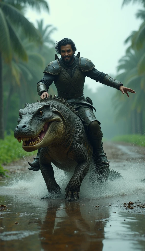 an indonesian fierce handsome man age 32 wavy hair wearing armor suit, riding a giant reptile in a rainy weather in Indonesia, joyously riding, water puddle, realistic photo style, 8k resolution, shot by Canon DSLR