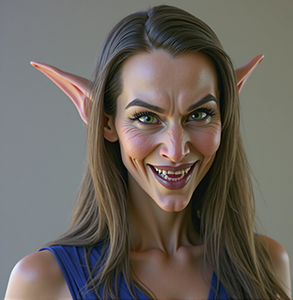 a detailed sexy evil witch with a big nose, long pointy ears, big forehead, long hair tucked behind long pointy ears, raised eyebrows, perfect teeth, wearing a blue dress, evil laugh, cinematic lighting, hyper realistic, 8k hd resolution, highly detailed, photorealistic, masterpiece, very detailed ears, cartoonishly big green eyes