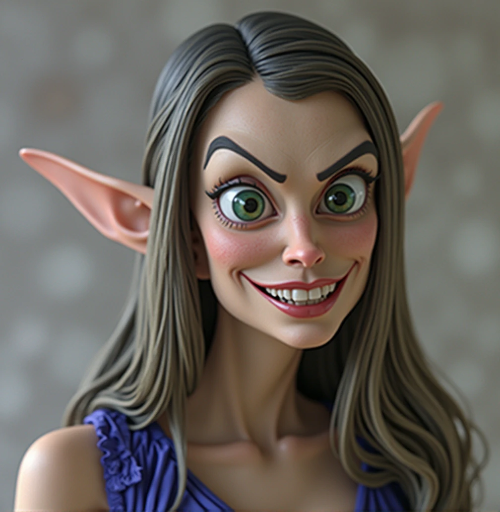 a detailed sexy evil witch with a big nose, long pointy ears, big forehead, long hair tucked behind long pointy ears, raised eyebrows, perfect teeth, wearing a blue dress, evil laugh, cinematic lighting, hyper realistic, 8k hd resolution, highly detailed, photorealistic, masterpiece, very detailed ears, cartoonishly big green eyes