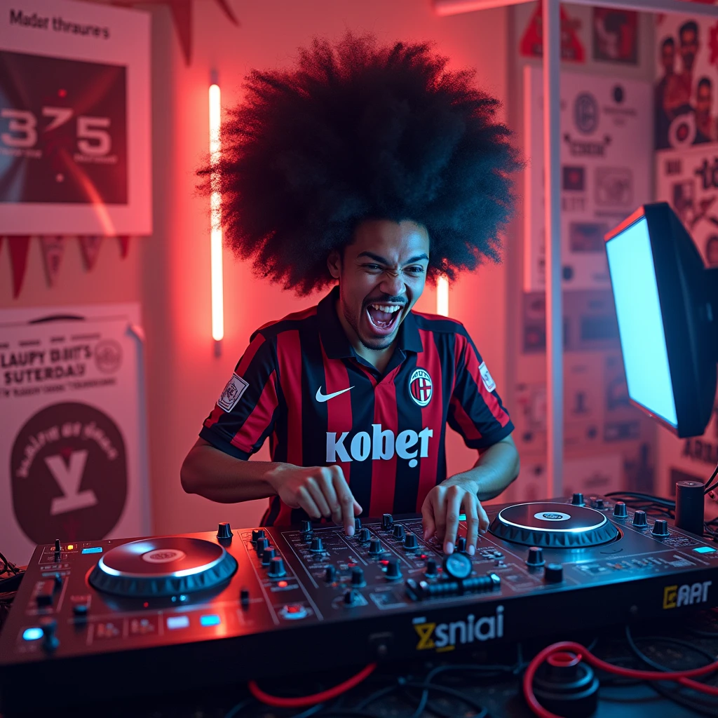 a big haired DJ playing on his DJ instrument in his room with posts from Milan team from Italy