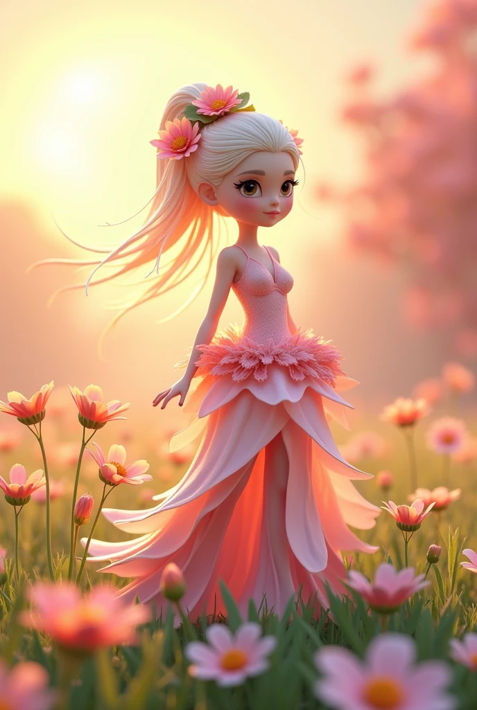 Create a 3D stylized character named 'Blossom,' a graceful flower nymph that embodies the beauty of nature. Blossom should be depicted as an elegant, ethereal figure with delicate features, a gown made of petals, and hair adorned with blooming flowers. The character should have a soft, radiant color palette with shades of pink, lavender, and light green. The background should feature a serene meadow filled with wildflowers, gentle breezes, and a golden sunset, emphasizing Blossom's connection to the natural beauty of the world.