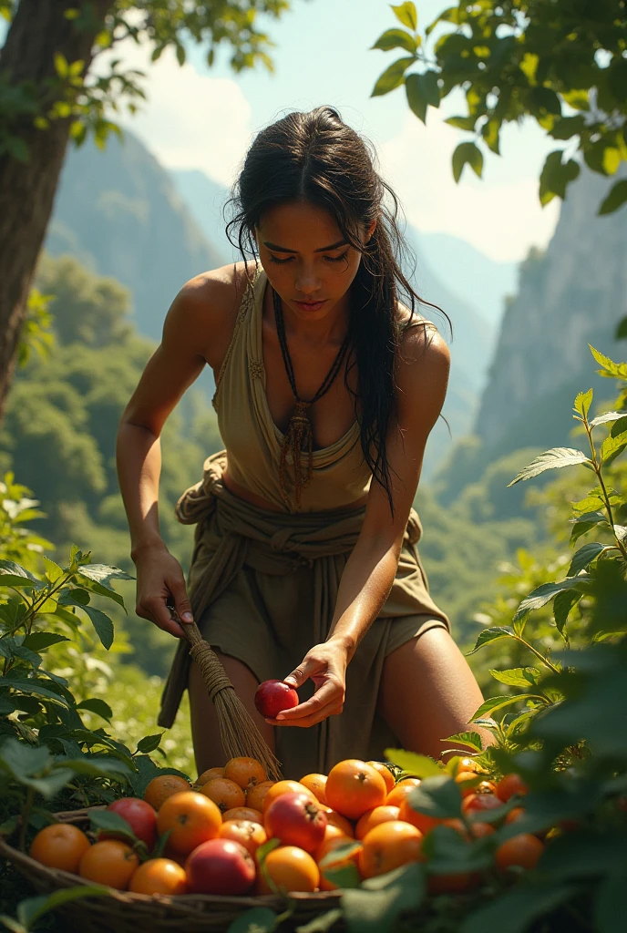 Nomad woman collecting fruits