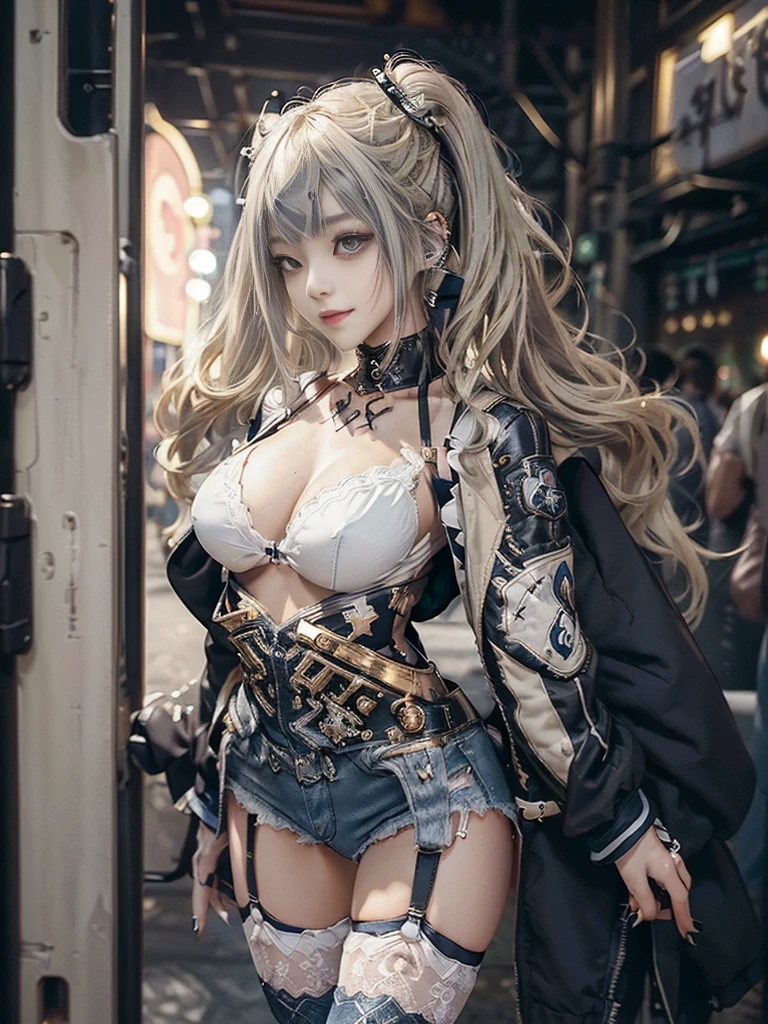 (Full Body View:1.2)、(Side view:1.1)、(Smiling with teeth showing:1.3),(Shibuya Gal:1.5)、(Beautiful:1.4)、(Goth Fashion:1.5)、(Punk RockVisual Kei:1.3)、(Futuristic baby doll in black, white and denim:1.5)、(A delicate jacket in beige, white and navy:1.5)、(Denim garter belt:1.5)、(Denim and black and white bodysuit:1.4)、(Heart-shaped silver accessories:1.5)、(Brown Skin Belt:1.4)、(Blue High Heels:1.4)、(Lace patterned underwear:1.4)、28 years old、NSFW,((Highest quality、In 8K、masterpiece:1.3))、Sharp focus:1.2、(Layered Cut、Beautiful boobs:1.1),Beautiful woman with perfect figure:1.4、(Doing an aerobics pose:1.3)、Slender Abs:1.2、Butt、Highly detailed face and skin texture、Detailed eyes、double eyelid,(Twin tails:1.3)、(Light gold colored hair:1.3)、(Black brown eyes:1.3)、Obscene、Gravure idol、(Luxurious amusement park at night:1.3)、(Make your legs thinner:1.4)、(Thin thighs:1.4)、(Slim Body:1.3)、(clavicle:1.1)