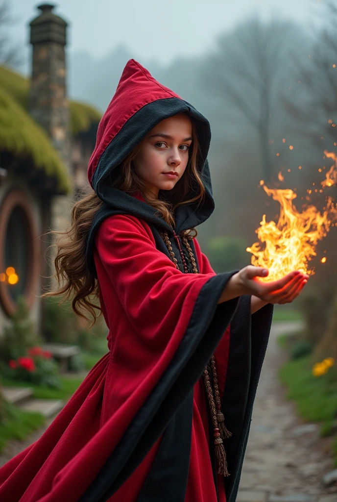 a masterpiece photograph of a twenty-five-year-old magician girl combining Peruvian Nigerian and Finnish features with the eyes of Luna Lovegood and the face shape of Mia Wasikowska, dressed in a red and black magic robe with a hood, makes a fireball in a dynamic full-length pose against the background of a picturesque and blooming hobbit village, concentration, cold atmosphere and bizarrely matching colors