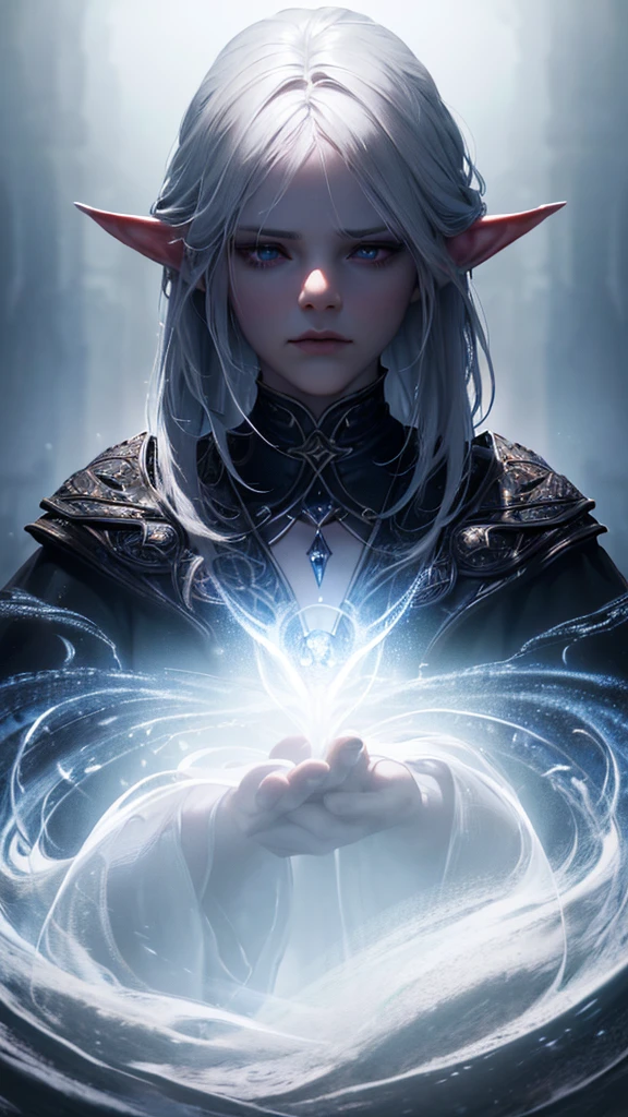 1 ambitious female mage, detailed portrait, medium length white hair, dark eyes, dark cloak and clothes, ((best quality,4k,8k,highres,masterpiece:1.2),ultra-detailed,(realistic,photorealistic,photo-realistic:1.37)), intricate details, chiaroscuro lighting, dramatic shadows, moody atmosphere, fantasy art, digital painting, pointed ears