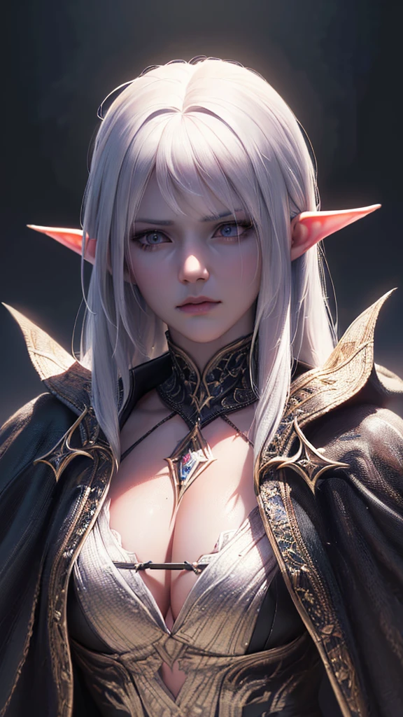 1 ambitious female mage, detailed portrait, medium length white hair, dark eyes, dark cloak and clothes, ((best quality,4k,8k,highres,masterpiece:1.2),ultra-detailed,(realistic,photorealistic,photo-realistic:1.37)), intricate details, chiaroscuro lighting, dramatic shadows, moody atmosphere, fantasy art, digital painting, pointed ears