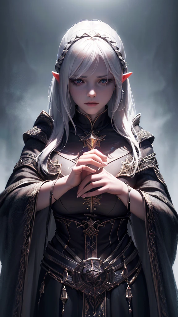 1 ambitious female mage, detailed portrait, medium length white hair, dark eyes, dark cloak and clothes, ((best quality,4k,8k,highres,masterpiece:1.2),ultra-detailed,(realistic,photorealistic,photo-realistic:1.37)), intricate details, chiaroscuro lighting, dramatic shadows, moody atmosphere, fantasy art, digital painting, pointed ears