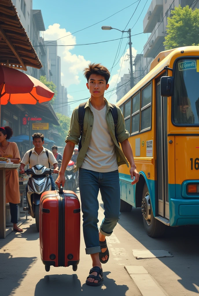 A young Thai man carries a suitcase at a bus station where there are buses, rickshaws, motorcycles, and vendors selling grilled chicken.