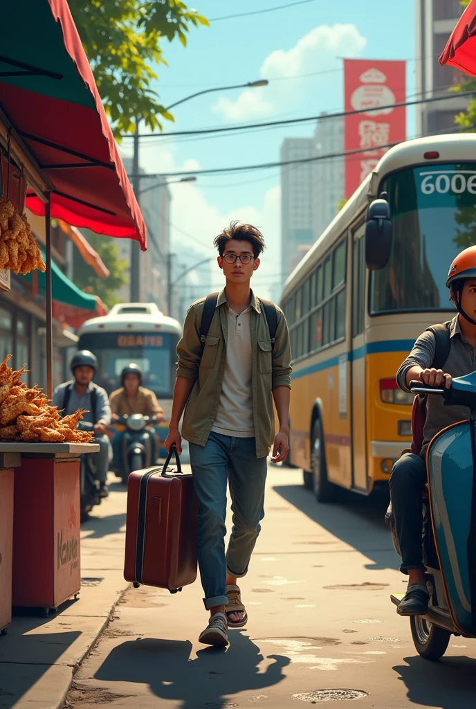A young Thai man carries a suitcase at a bus station where there are buses, rickshaws, motorcycles, and vendors selling grilled chicken.