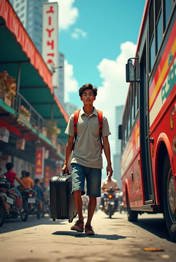 A young Thai man carries a suitcase at a bus station where there are buses, rickshaws, motorcycles, and vendors selling grilled chicken.