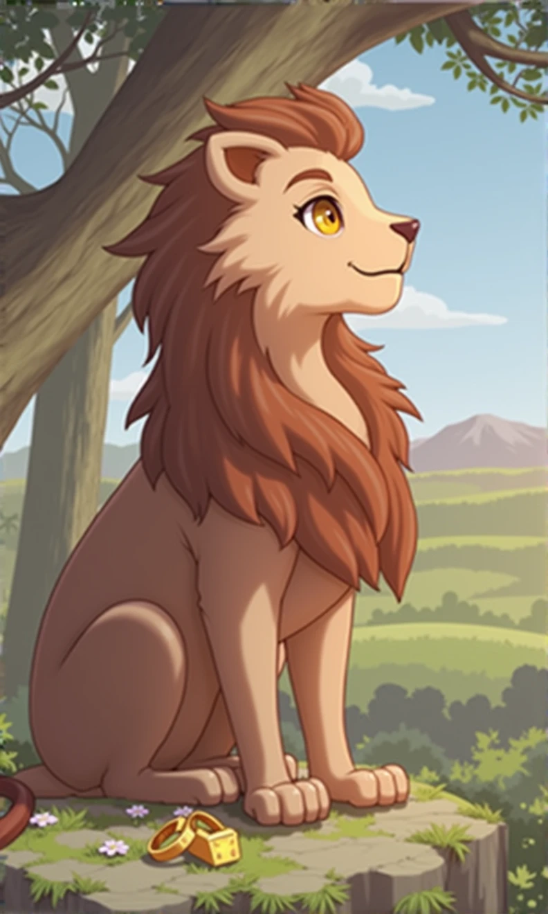 Friends, a young beastman, Lion Knight, short mane, dark brown light coat, sitting on a rock on top of a cliff in a forest in the early morning. him está de costas para nós, but your head is turned to the side so we can see your face too. him'is smiling at the sky as the dawn breaks, revealing a little sun. In the background are hills, a meadow with flowers, and some trees. a mãe dhim'O anel e uma espada podem ser vistos ao lado dhim. Unclothed arms and torso.