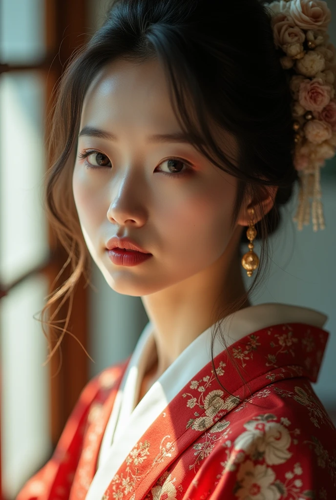 An elegantly dressed Japanese woman in natural light、A close-up of her chest and calm expression.、It shows her inner peace and outer charm.。