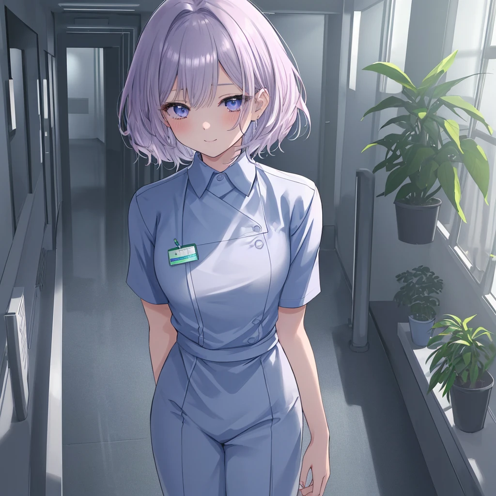 chibi,1girl, nurse aide uniform,(best quality,4k,8k,highres,masterpiece:1.2),ultra-detailed,anime style illustration,Display to the top of the head.one girl.solo. It should be a bust-up (from chest up) with high resolution and detailed depiction. Please create an anime-style illustration of a young nurse aide. She has soft, wavy short hair in a silver color with a subtle pink-purple tint. Her eyes are large, expressive, and blue, with a gentle yet serious expression. She is wearing light blue or white scrubs with a name tag. She is standing in a brightly lit hospital corridor, with plants and medical equipment in the background. The lighting is soft, casting gentle shadows to enhance the atmosphere. She is smiling.
