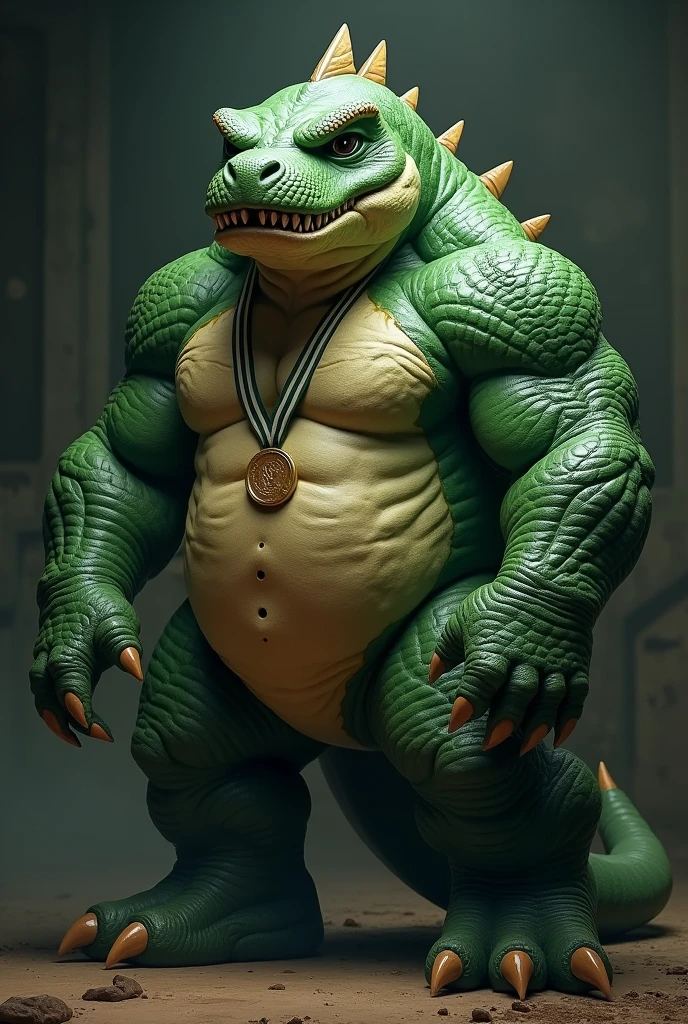 A green colored mascot, with a serious and gloomy face, muscular looking like a t-rex with the champion background and a gold medal.
With a dark and more serious background