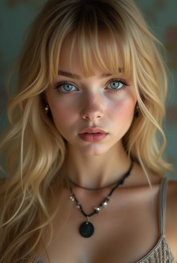 good quality, best quality, photo-realisti, Rohfoto, realisti, ultra realisti 8k cg, ultradetailed, High resolution, ​masterpiece, 1 girl, 19 years old,  long gold blonde hair, bangs, blue eyes, detailed face and eyes, close up shot, Intricate detailing, detailed texture, delicate detailed, kurzes Latex-Top, Jewelry around the neck, medium breasts