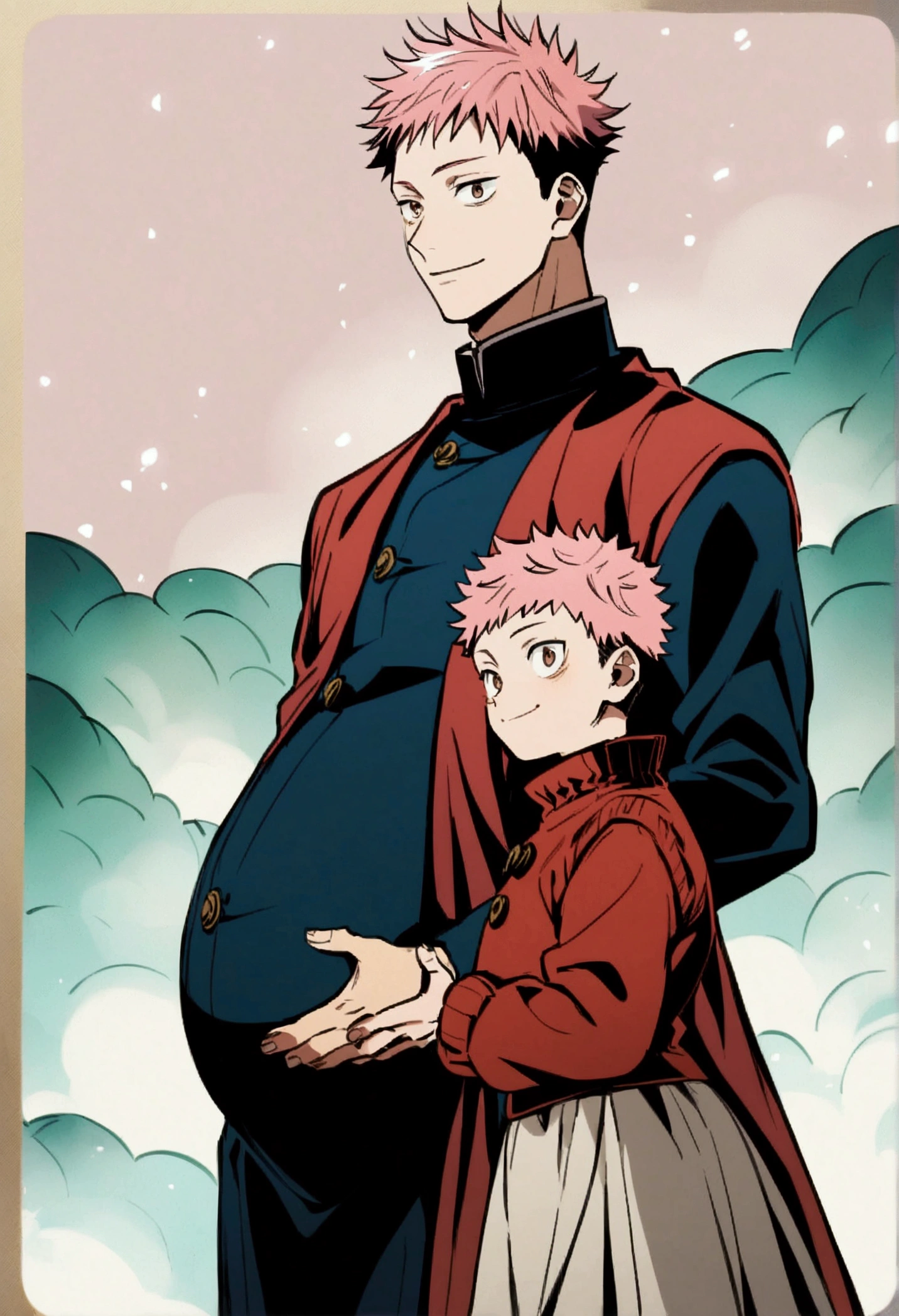 young boy, Smile, Itadori Yuji, Dress Red, brown eyes, pink hair, short hair, anime style jujutsu kaisen. Pregnant six months