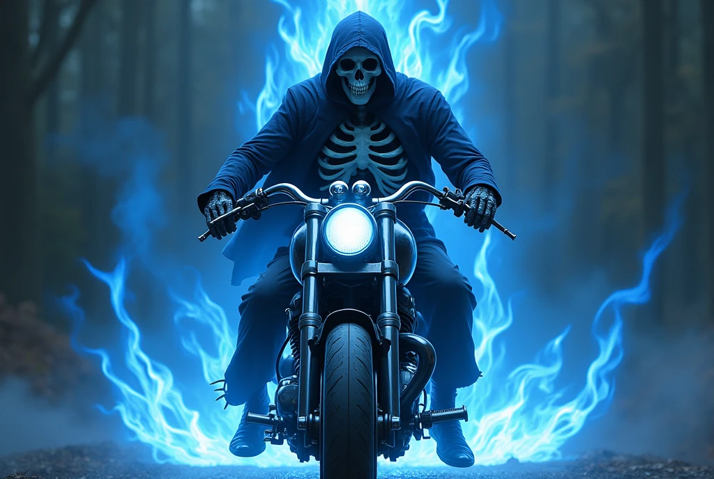 A skeleton riding a motorcycle with upturned handlebars is staring at me, scattering blue flames.。There is a figure behind me。