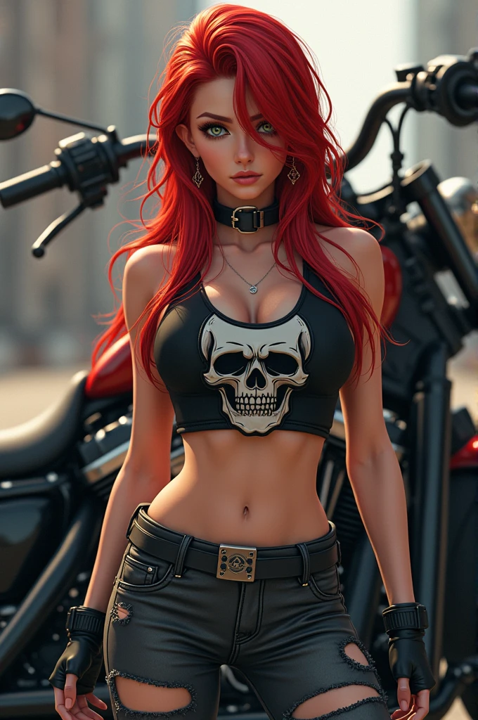 Sexy Anime Woman in her 30s, long Red Hair, Green eyes, black crop top with Skull, dark Grey ripped Jeans, black leather Boots, black fingerless Gloves, Standing in Front of a Harley davidson.