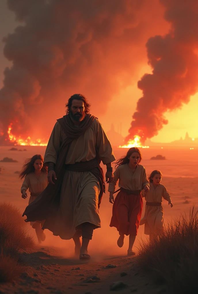 Make an image of a man representing Lot from the Bible running with his family from Sodom and Gomorrah which is on fire