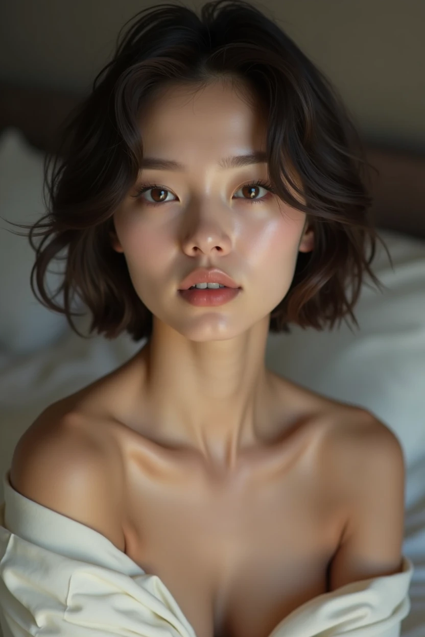 ((Highest quality, 8k, masterpiece: 1.3)), concentrated: 1.2, Perfect beauty: 1.6, Astock: 1.3, Home bedroom,Highly detailed face and skin texture, Narrow eyes, double eyelid, Whitening skin, Layered Short Hair,close your eyes:1.2,look up, Highly detailed eye texture,Saggy breasts,Saggy breasts,((Completely naked)),No makeup