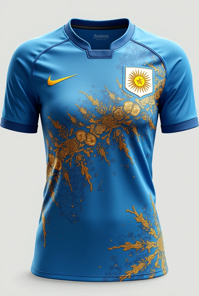 A mockup of a white and gold sports t-shirt, front and back. At the front, a white circle on the left side of the chest, and a 10 year emblem on the right side of the chest, a band of arabesques that runs from the collar to the bottom hem of the shirt, with a space in the middle to place the player's number.