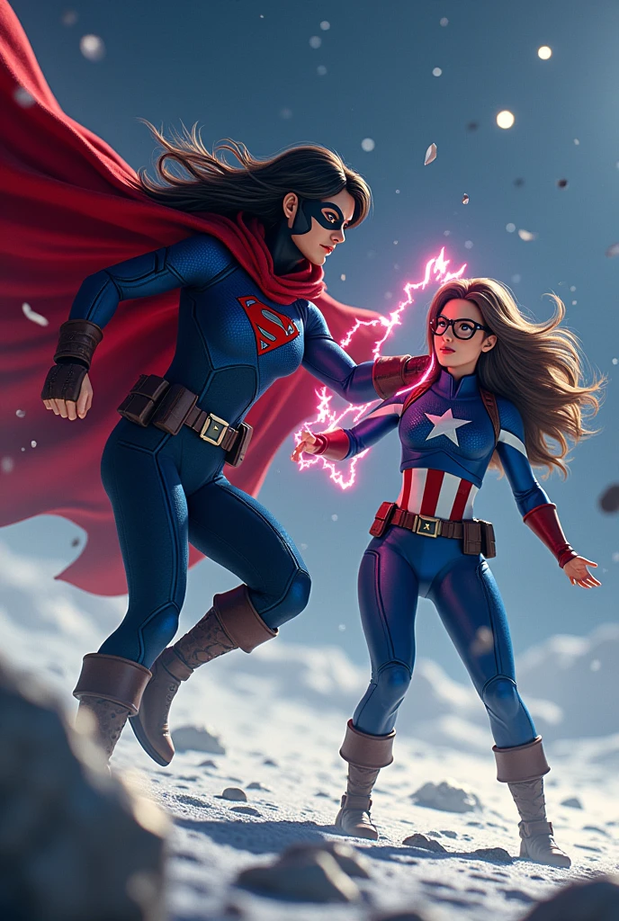 Generates Raven from the Teen Titans in red colors and Captain America in female version but without helmet, with laughter, glasses, parts, with long black hair, with blue eyes and brunette, They will be on the moon fighting 