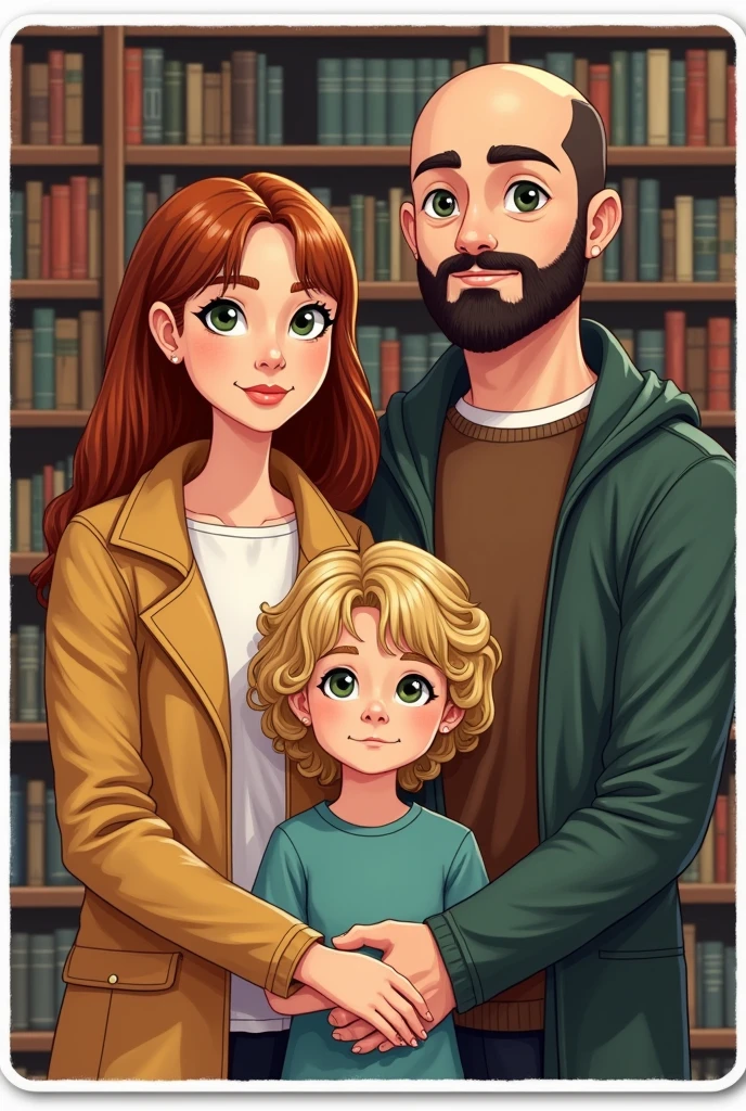 A family, A white man, Cao Cao, calvo, black beard, greeneyes, next to a white woman de greeneyes com o cabelo castanho-acobreado, straight and without bangs parted in the middle, next to a white woman, greeneyes, curly and blonde hair, in a bookstore, illustration style, sticker