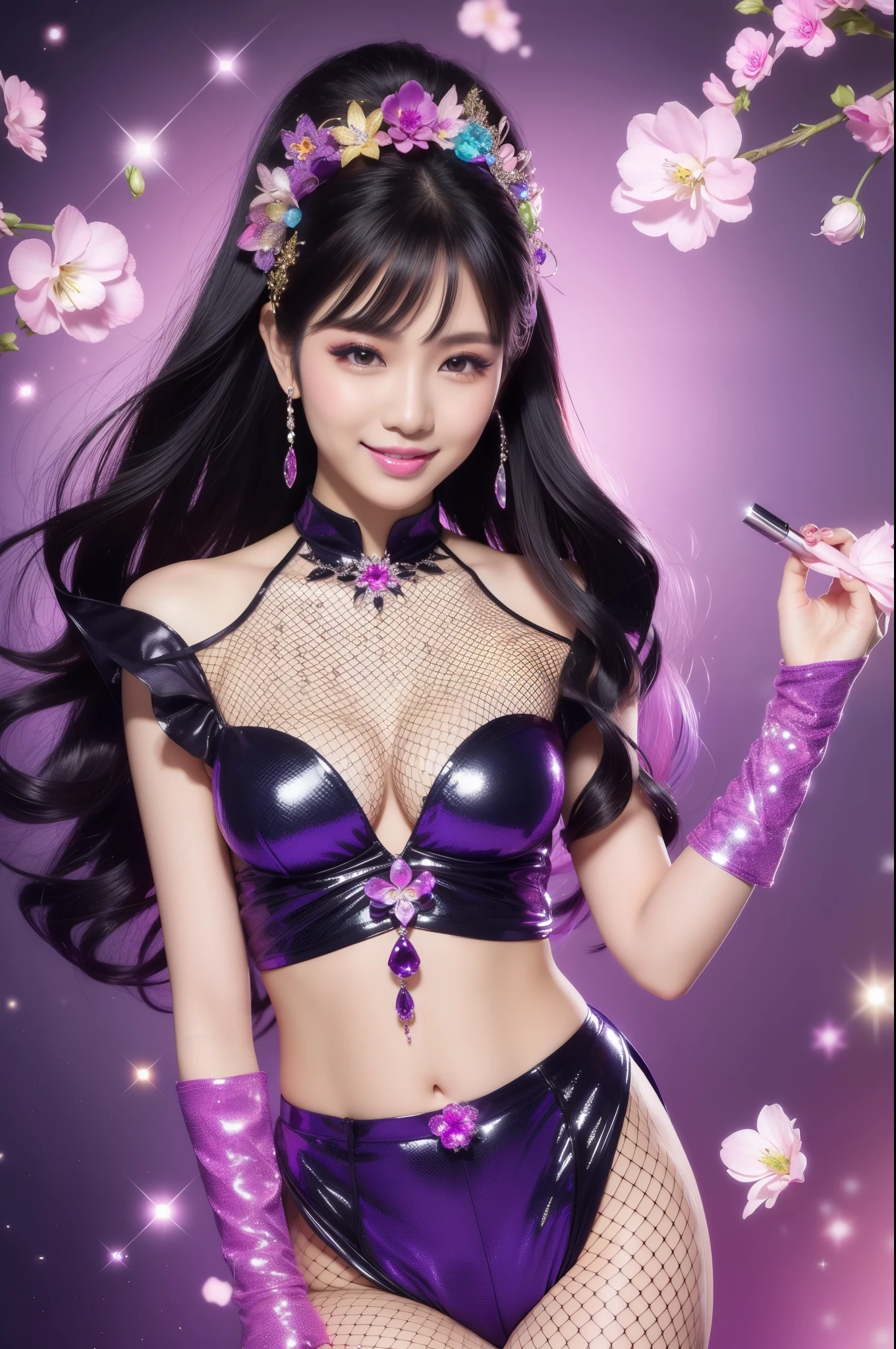 sexy Thai model who controls poison、beautiful smile、lipgloss、smokey eyeshadow、look at the camera、full body Esbian、、sparkling poisoned flower costume、、、、sparkling Colorful hair、secrete poison、skull hair accessories、fishnet tights、shiny sparkling flowers background