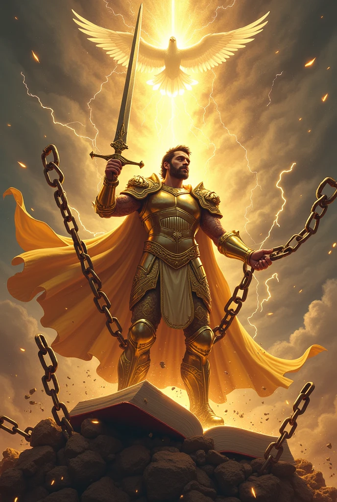Description of the cover:
fund: The cover background should be a landscape with sky light, maybe a sky and lightning shining in the distance. This setting creates an epic, intense and brilliant tone.. some points of lights floating around Soldier: In the center of the cover, there is an imposing soldier, dressed in a golden and bright armor based on Ephesians 6 of the bible with a golden helmet and detailed, in the background a large transparent bible and a dove symbolizing the holy spirit
Action: The soldier is in a dynamic pose, holding a large and powerful sword that is cutting heavy chains. chains being destroyed The chains break in several directions, with fragments flying around, many broken chains symbolizing liberation and the breaking of bonds.
expression: your posture conveys strength and confidence.
Additional Detail: Add subtle elements of sparkle, lots of light around his head and light around the broken chains and sword to highlight the action and the sense of power. Small touches of light can also be added to the armor to give it a more heroic effect..and many broken chains author's name " must be in a grand and imposing font, possibly gold or silver, to contrast with . The name of the author Damaris Machado can be at the bottom of the cover, in a smaller but still readable font, perhaps in white or a color that complements the title.
