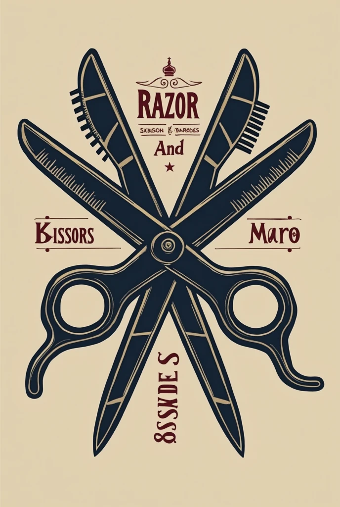 Create a barbershop logo that contains scissors, hair cutting machines and the name is razor and scissors