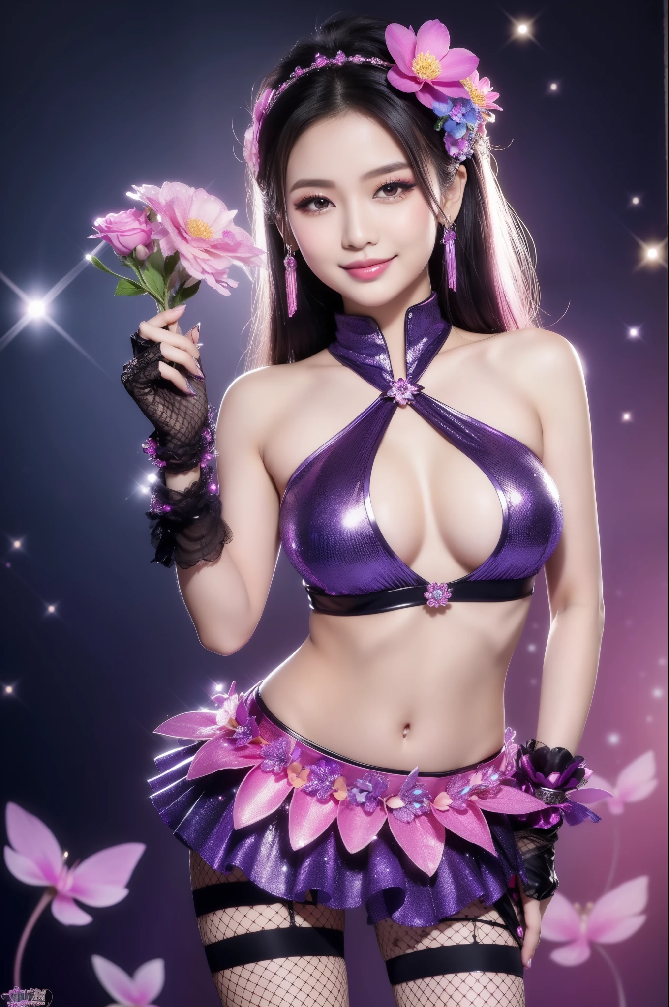 sexy Thai model who controls poison、beautiful smile、lipgloss、smokey eyeshadow、look at the camera、full body Esbian、、sparkling poisoned flower costume、、、、sparkling Colorful hair、secrete poison、skull hair accessories、fishnet tights、shiny sparkling flowers background