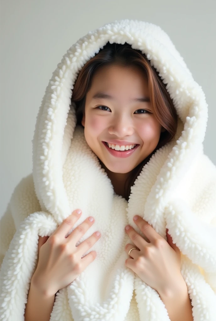 person holding a blanket with his hands up, white color, laughing. Hyperrealistic image with a lens aperture of 1.4 at a focal length of 35 mm