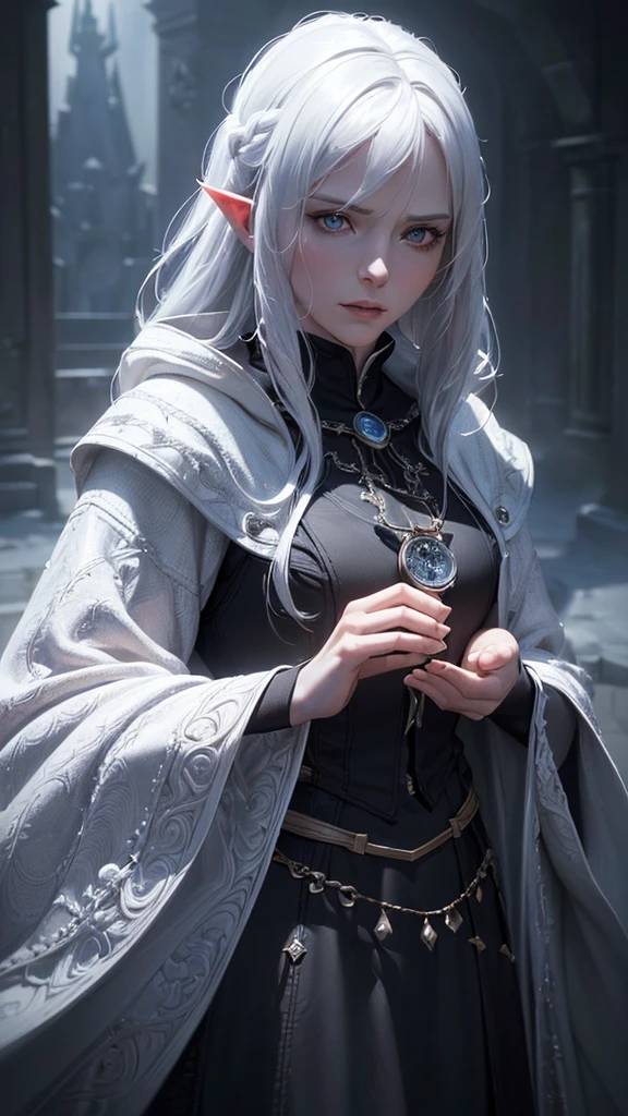 1 ambitious female mage, detailed portrait, medium length white hair, dark eyes, dark cloak and clothes, ((best quality,4k,8k,highres,masterpiece:1.2),ultra-detailed,(realistic,photorealistic,photo-realistic:1.37)), intricate details, chiaroscuro lighting, dramatic shadows, moody atmosphere, fantasy art, digital painting, pointed ears