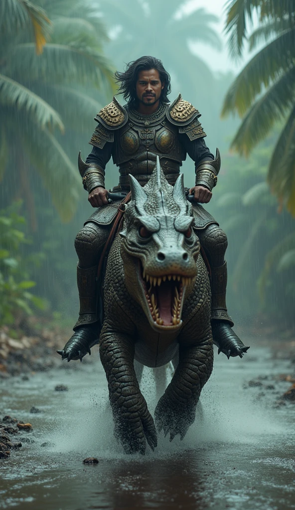 an indonesian fierce handsome man age 32 wavy hair wearing armor suit, riding a giant reptile in a rainy weather in Indonesia, joyously riding, water puddle, realistic photo style, 8k resolution, shot by Canon DSLR