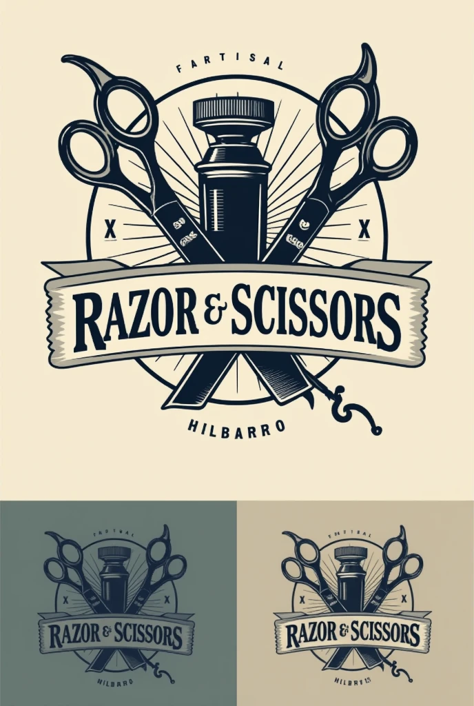 Create a barbershop logo that contains scissors and hair cutting machines and the name that appears is razor and scissors