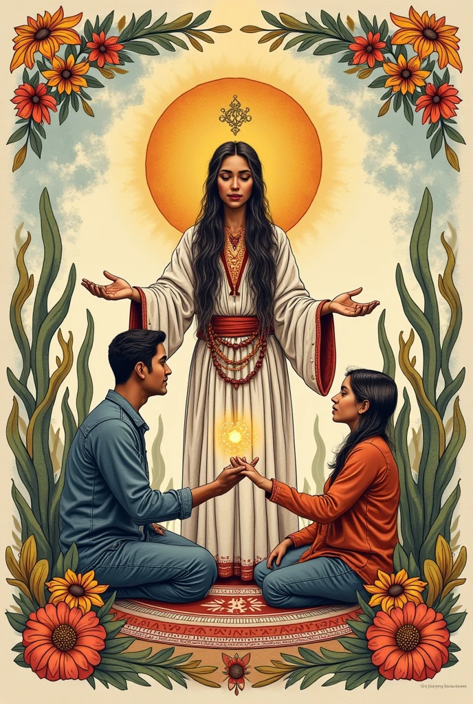 create a drawing that is like hand drawn inspired by the artwork "the healer" by Carmen Lomas Garza in Mexican style healing someone else 