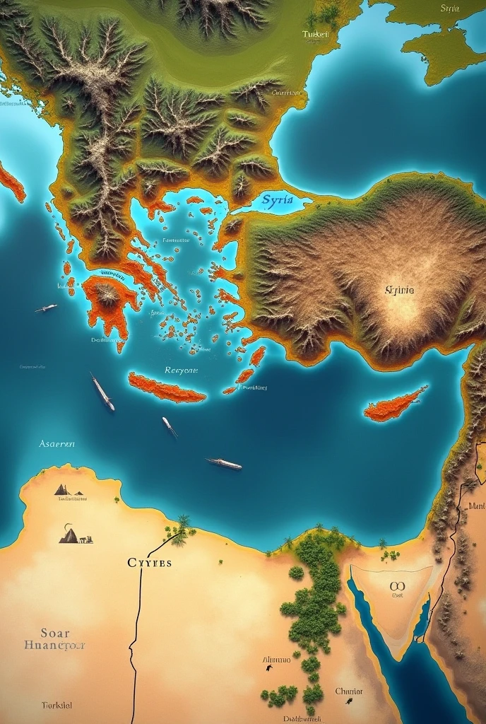 (photorealism:1.2), map of odissey since Siria until Turkey in feet, after in boat in the sea Egeo until Greek