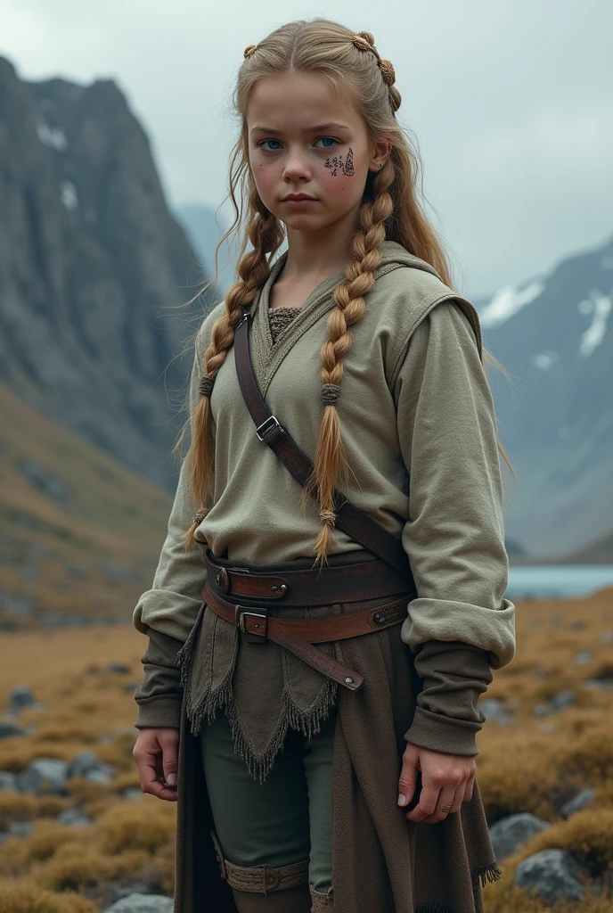 Realistic 14 year old viking girl, Nordic tattoos, light clothing,