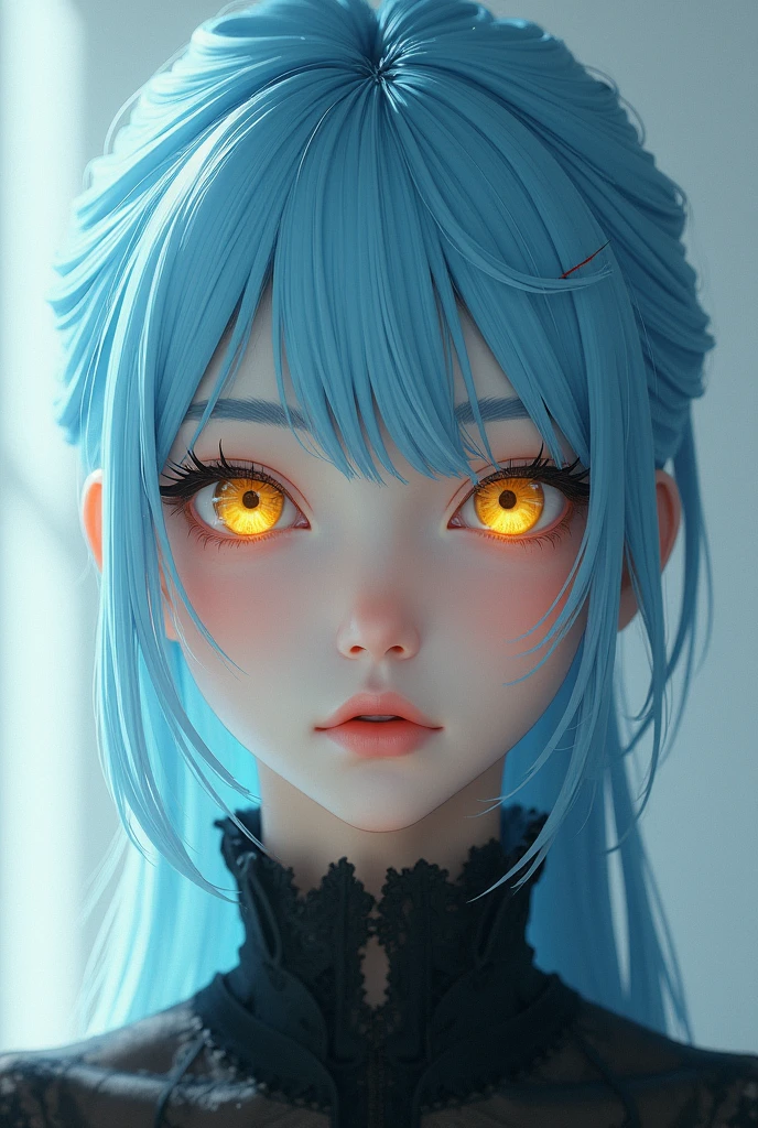 Yellow eyes, light blue hair, half-up hairstyle
