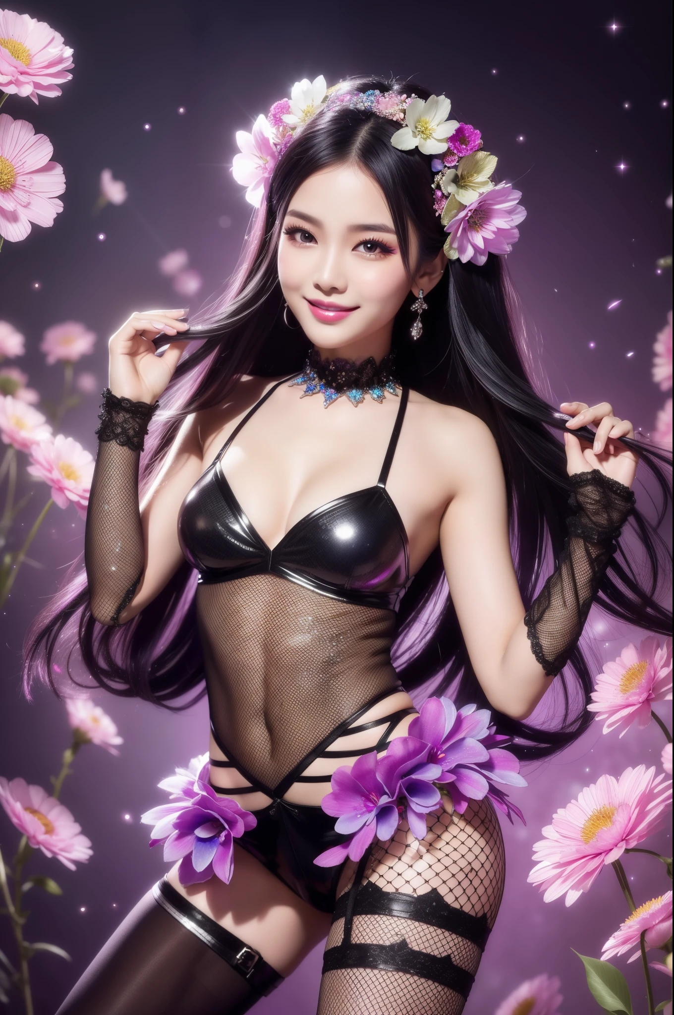 sexy Thai model who controls poison、beautiful smile、lipgloss、smokey eyeshadow、look at the camera、full body Esbian、、sparkling poisoned flower costume、、、、sparkling Colorful hair、secrete poison、skull hair accessories、fishnet tights、shiny sparkling flowers background