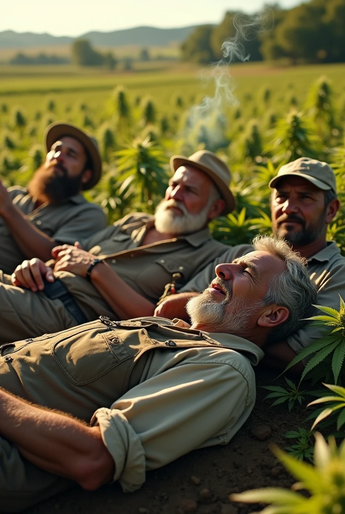 A group of farmers, They rest next to their marijuana crop while others sleep and others smoke. (the photo shot is a little higher) more realistic, The image should be more real like a photo of humans