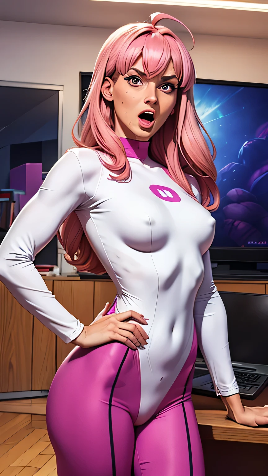 1girl, computer, long hair, hand on hip, laptop, two side up, open mouth, pink hair, bodysuit, monitor, bosom, purple eyes, solo, looking at viewer, ahoge, tablet pc, keyboard \(computer\), mole, mole under eye, bangs, sweat, medium bosom, sidelocks, indoors, television, phone, long sleeves, clipboard, desk, cowboy shot, angry