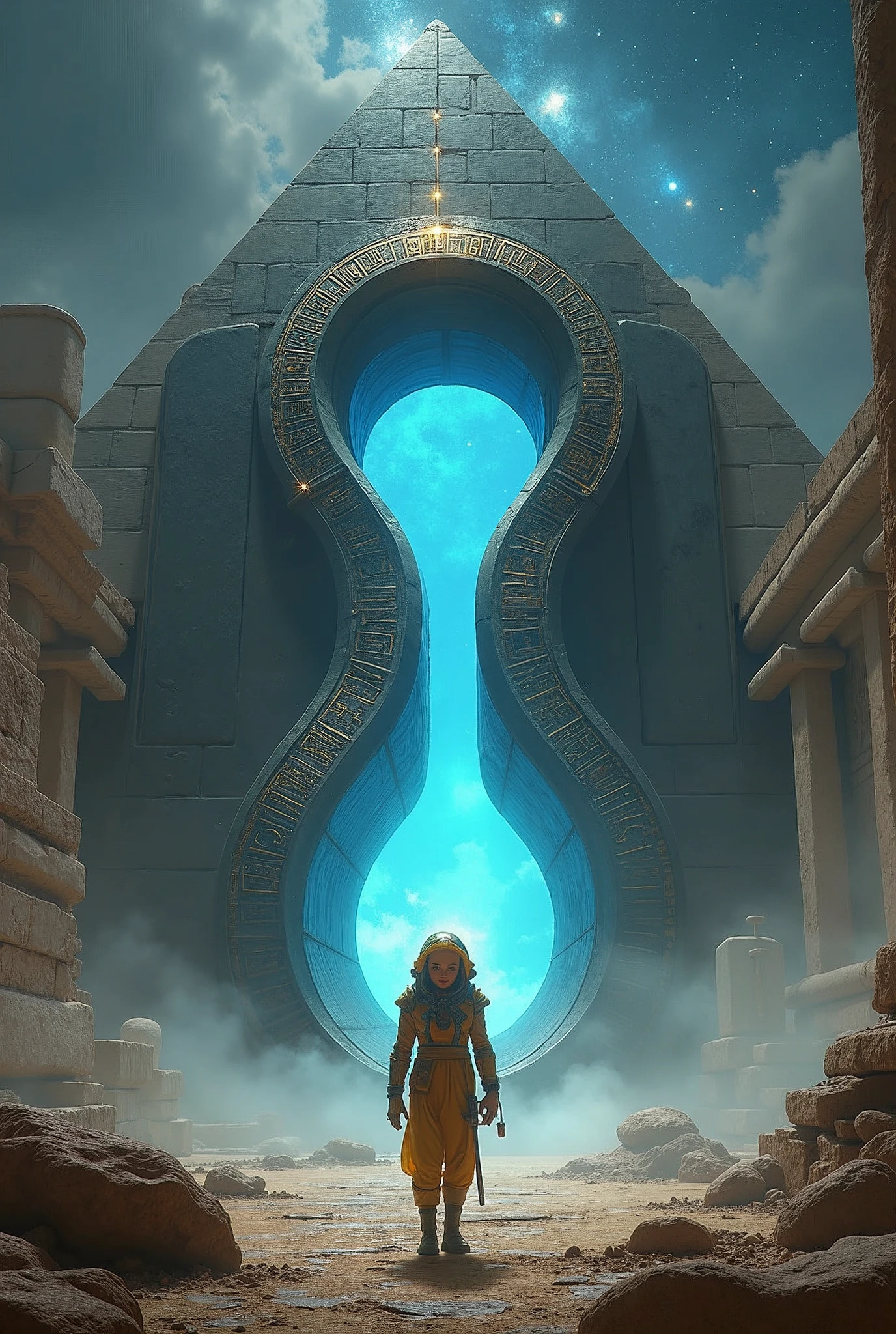 --checkpoint "SeaArt Infinity" --checkpoint "Stable Diffusion 2.1" --lora "Egyptian Art LoRA" --lora "Sci-Fi Concept Art LoRA" --lora "Surrealism LoRA" --lora "Detailed Characters LoRA" --lora "Architectural LoRA" a solitary explorer, with eyes wide open in fascination and determination, holds a luminescent analysis device. His golden spacesuit, adorned with Egyptian hieroglyphs, reflects the intense light from two monolithic infinity-shaped portals, positioned side by side to form a horizontal figure 8. The portals, carved from black and shiny obsidian, emanate a pulsating sapphire-blue energy flow, creating a stellar vortex that distorts the surrounding space-time. Ancient Egyptian hieroglyphs, which seem to narrate a cosmic story, cover the surface of the portals, emitting a soft golden luminescence. Colossal ruins of an ancient alien civilization, with pyramidal and sphinx-like architecture, stretch into the background. The ruins, shrouded in a silver mist, appear to have been built as a stellar sanctuary. The explorer, with an enigmatic smile, points the device at one of the portals, while the fossilized remains of reptilian-like humanoid creatures scattered throughout the ruins testify to the grandeur and decay of a lost civilization. The starry sky, filled with nebulas and supernovas, serves as a backdrop for this epic scene. Artistic style: Egyptian sci-fi with touches of cosmic surrealism. Dramatic lighting, with rays of light cutting through the mist and highlighting the hieroglyphs and geometric shapes of the ruins and portals. The atmosphere is one of mystery and hope, suggesting that the explorer is about to unveil a cosmic secret.