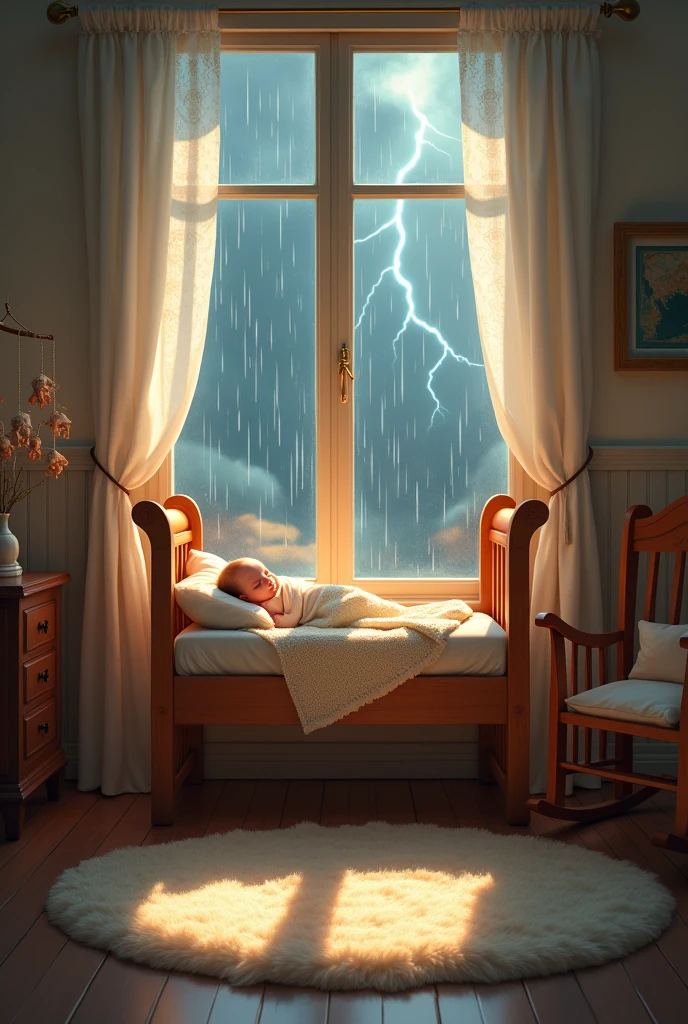 Design a cozy crib in a soft room lit only by the light of lightning. Show rain falling on the window, with drops running.