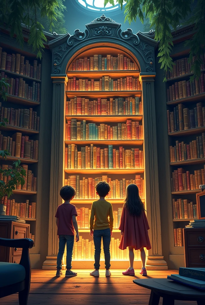 A bookshelf full of books full of novels, suspense, fantasy and 3 friends travel between books