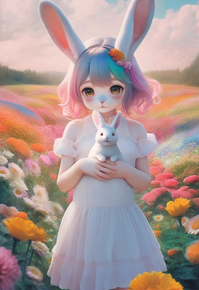 ((Masterpiece)), ((Best Quality)), (Very Detailed), ((Very Detailed)), 4K, (8K), very aesthetic, absurdres highres, 1 girl, (anthropomorphic Rabbit, furry, kemono), realistic, realisticphotography, Amidst a field of bright flowers, a woman with a colorful hairstyle is posing in a dreamlike atmosphere, wearing colorful clothes with energetic designs. The fine details of hairstyles and clothing stand out. The background has a soft touch reminiscent of a watercolor painting, and the women's clothing incorporates elements of cubism.
